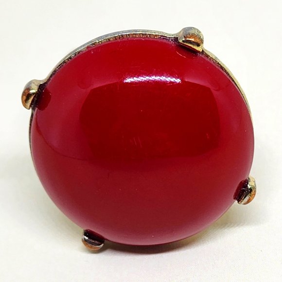 Chunky Red Round Cabachon Acrylic Stone Prong Set Stretch Fashion Ring - Picture 2 of 6